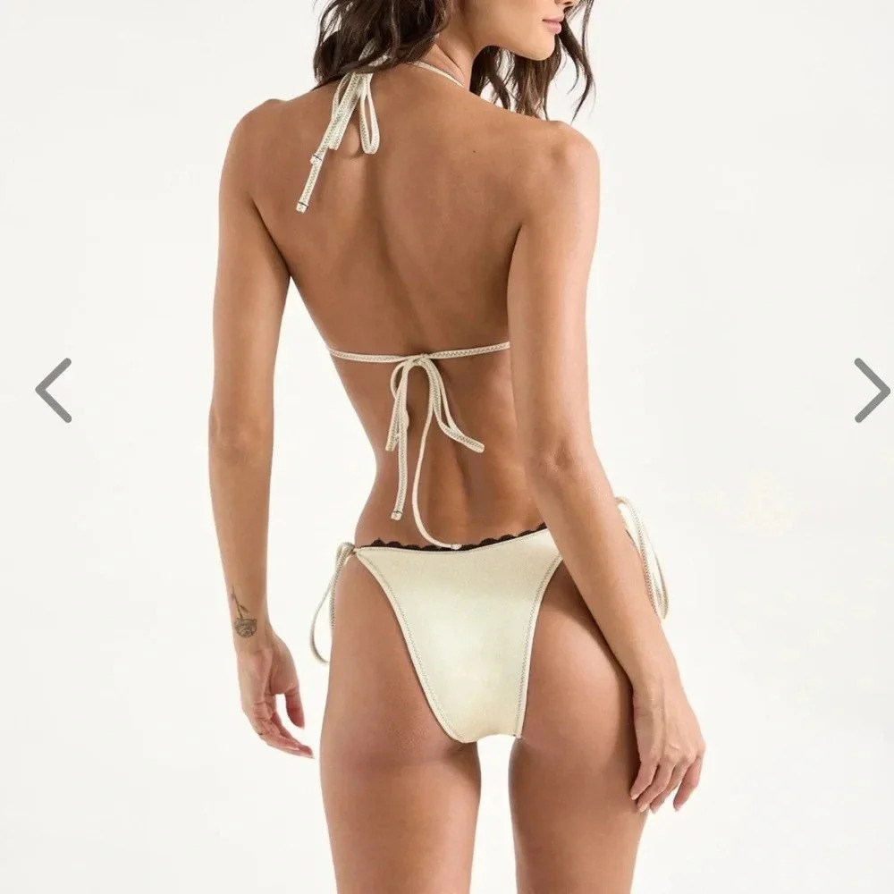 NWT OneOne Swimwear Bikini Set Holbox Cream Pearl Black Lace Ariel Triangle New - Picture 8 of 14